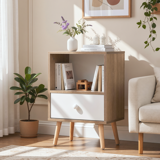Sunvega Mid-Century Modern Wood Nightstand Set with Drawer and Shelf for Bedroom