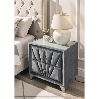Sunvega Transitional Gray Fabric Upholstered Nightstand with Chrome Legs and Glass Top