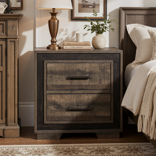 Sunvega Rustic Style Two-Tone Finish Embossed Faux-Wood Nightstand with Two Drawers