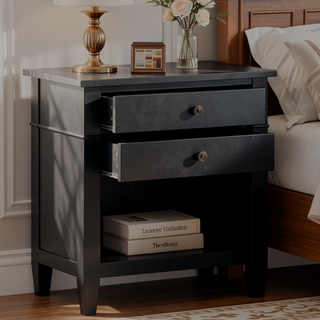 Sunvega Handcrafted Solid Wood Black Transitional Bedside Table with Two Drawers