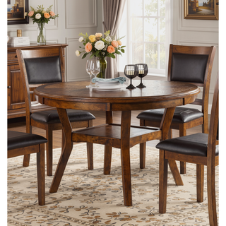 Sunvega Walnut Finish Round Rubberwood Dining Table with Storage Shelve