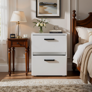 Sunvega Black Nightstand with Two Drawers and Metal Handles for Bedroom