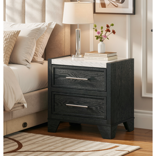 Sunvega Modern Nightstand with Faux Marble Top Two Drawers Black Finish