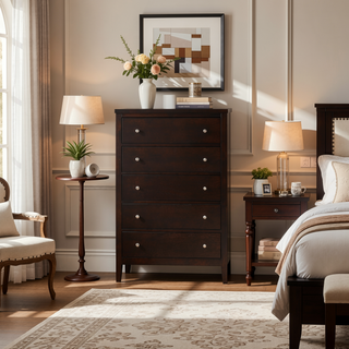 Sunvega Warm Brown Chest with Five Spacious Drawers and Silver Handles