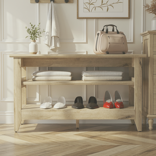 Sunvega Light Oak Storage Bench with Two Open Shelves and Four Legs