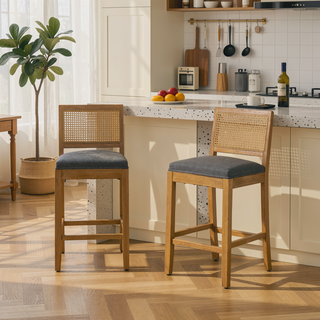 Sunvega Full Solid Wood Rattan-Back Bar Stool with Matte Linen Cushion for Kitchen Island