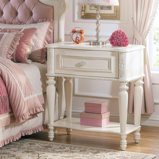 Sunvega Floral Pattern Ivory Nightstand with Drawer and Open Shelf Storage
