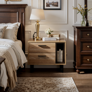 Sunvega Modern Brown Oak and Black 2-Drawer Nightstand with Open Shelf