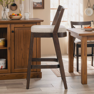 Sunvega Dark Brown Rubberwood Barstool with Beige Upholstery and Thick Cushioned Seat Set of 2