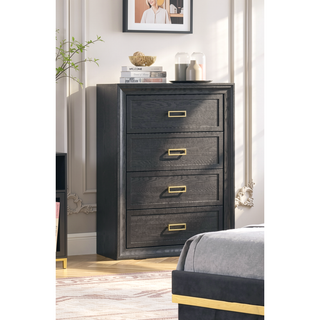 Sunvega Glam Style Black Nightstand with Gold Metal Hardware and Two Drawers
