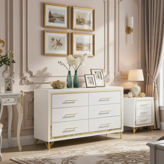 Sunvega Bright White Six-Drawer Dresser with Gold Trim for Bedroom Storage