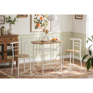 Sunvega Natural Laminate Dining Table Set with White Metal Chairs for Space Saving