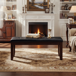 Sunvega Transitional Cherry Finish Wood Dining Bench with Padded Black Synthetic Leather Seat