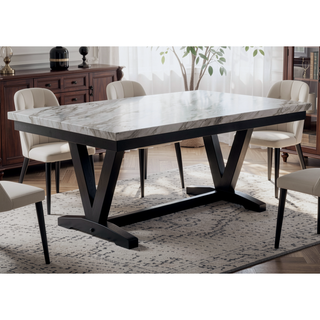 Sunvega Modern White Faux Marble Rectangular Dining Table with V Shape Trestle Base