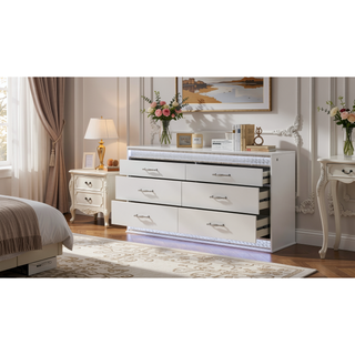 Sunvega Glam Modern White Wood Dresser with Crystal Accents and Integrated LED Lighting