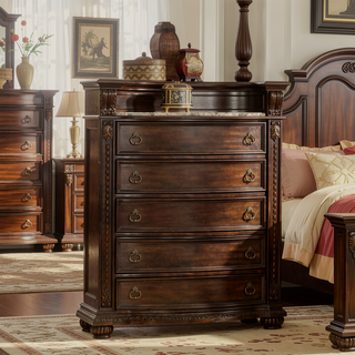 Sunvega Traditional Dark Walnut Wood Chest with Five Drawers and Metal Handles