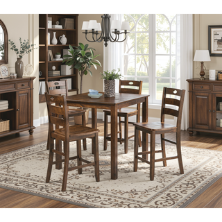 Sunvega Walnut Finish Transitional Dining Table Set with Square Table and Slat Back Chairs