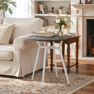 Sunvega Clara Industrial Round Dinette Table with Vintage White Metal and Espresso Wood Top
