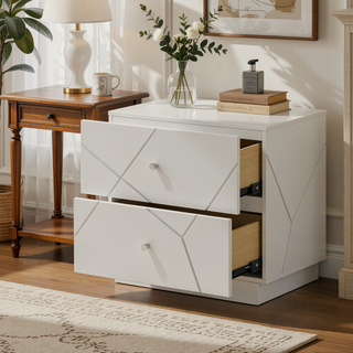 Sunvega Ultra Modern White Finish Nightstand with 2 Drawers and Embossed Lines Design