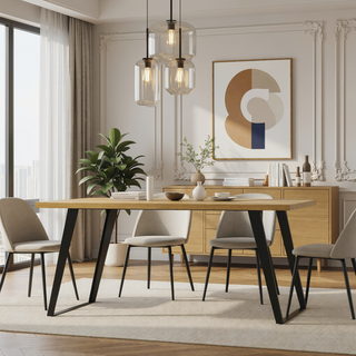 Sunvega Handcrafted Modern Industrial Dining Table with Solid Wood Oak Veneer Top