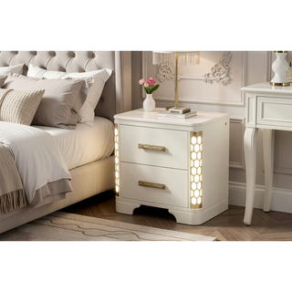 Sunvega Beige Wood Nightstand with Side LED Lighting and Spacious Drawers
