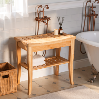 Sunvega Bamboo Shower Bench with Storage Shelf for Bathroom Spa and Outdoor Use