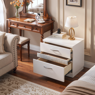 Sunvega White High Gloss Nightstand with 3 Drawers and Felt Lining
