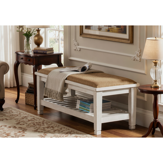 Sunvega Antique White Transitional Storage Bench with Slatted Wood Shelf and Cushion