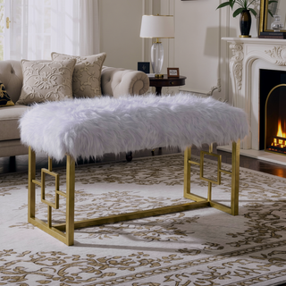 Sunvega White Faux Fur Upholstered Bench with Gleaming Gold Metal Legs