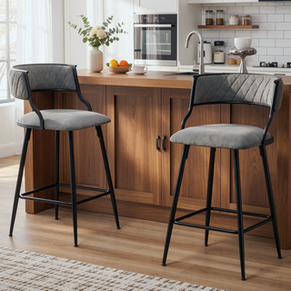 Sunvega PU Counter Height Bar Stool with Black Base and Footrest in Grey