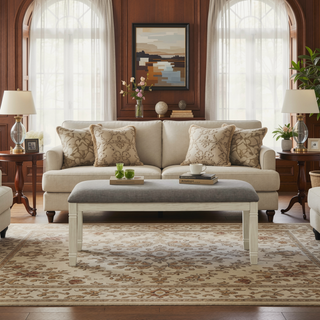 Sunvega Antique White Finish Wooden Bench with Gray Textured Fabric Upholstered Seat