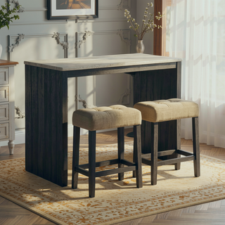 Sunvega Two-Tone Transitional Dining Set with Travertine Table Top and Tufted Seats
