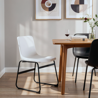 Sunvega Set of 4 White PU Leather Chairs with Black Metal Frame and Non-Slip Pads