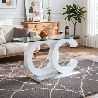 Sunvega Modern White Tempered Glass Dining Table with OC-Shaped Stainless Steel Base