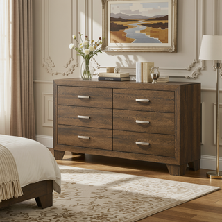 Sunvega Modern Oak Finish Dresser with Six Spacious Drawers for Bedroom