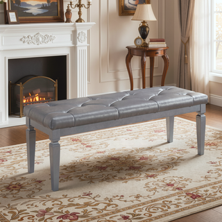 Sunvega Silver Finish Tufted Bench with Foam Cushioned Faux Leather Upholstery