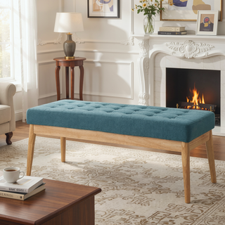 Sunvega Mid Century Modern Tufted Bench with Solid Birch Legs and Natural Finish