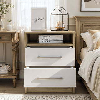 Sunvega 19.9 Inch High Nightstand with Two Drawers and Open Shelf