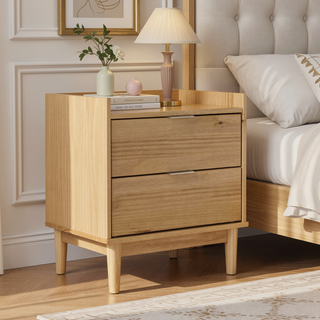 Sunvega Minimalist Solid Pine Wood Nightstand with 2 Smooth Gliding Drawers