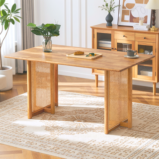 Sunvega Natural Solid Wood Dining Table with Imitation Rattan Legs for Dining Room