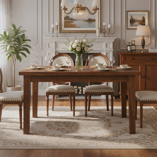 Sunvega 54 Inch Square Walnut Veneer Dining Table for 8 with Solid Wood Legs