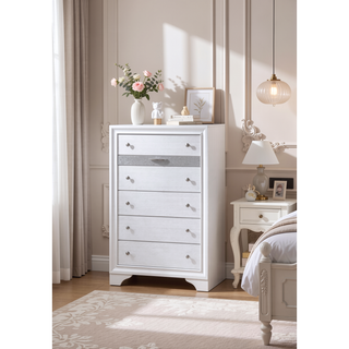 Sunvega White Wood 5 Drawer Chest with Silver Knob Pulls for Storage