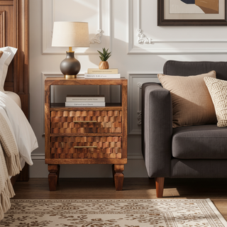 Sunvega Arno Bedside Table in Golden Teak with Hand-Carved Drawer Fronts