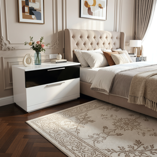 Sunvega Modern White and Black Lacquer Finish Bedroom Nightstand with 2 Drawers