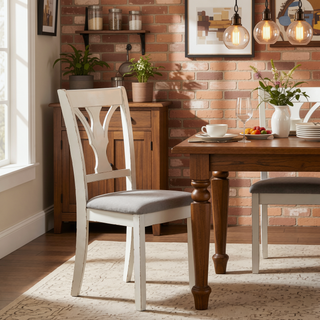 Sunvega Seven Piece Dining Set with Worn Farmhouse Finish and Light Brown Fabric Chairs