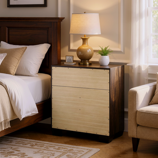 Sunvega Mid-Century Modern 5-Drawer Chest in Washed Taupe with Oak Grain and Metallic Pulls