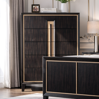 Sunvega Contemporary Espresso Solid Wood 5-Dovetail Drawer Chest with Gold Accent