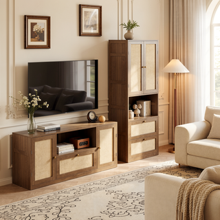Sunvega Walnut Side Cabinet with Rattan Doors USB Port and 3 Drawers Storage Shelves