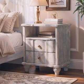 Sunvega Solid Mango Wood Bedside Table with 2 Drawers and Shelf