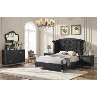 Sunvega Glam Style Black Velvet Upholstered Dresser with Six Drawers and Nailhead Trim